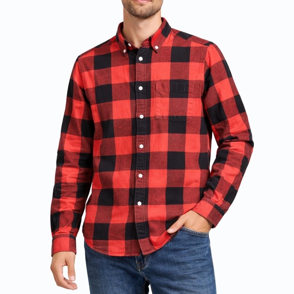 Men’s Red Black Buffalo Plaid Flannel Shirt Button Down